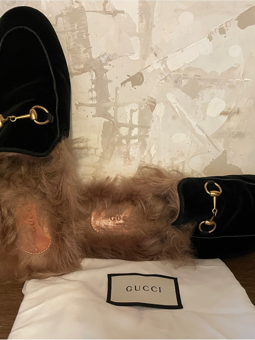 Gucci Princetown Black Velvet Fur-Lined Loafer Mules/Slippers with Gold Horsebit - Picture 6 of 9